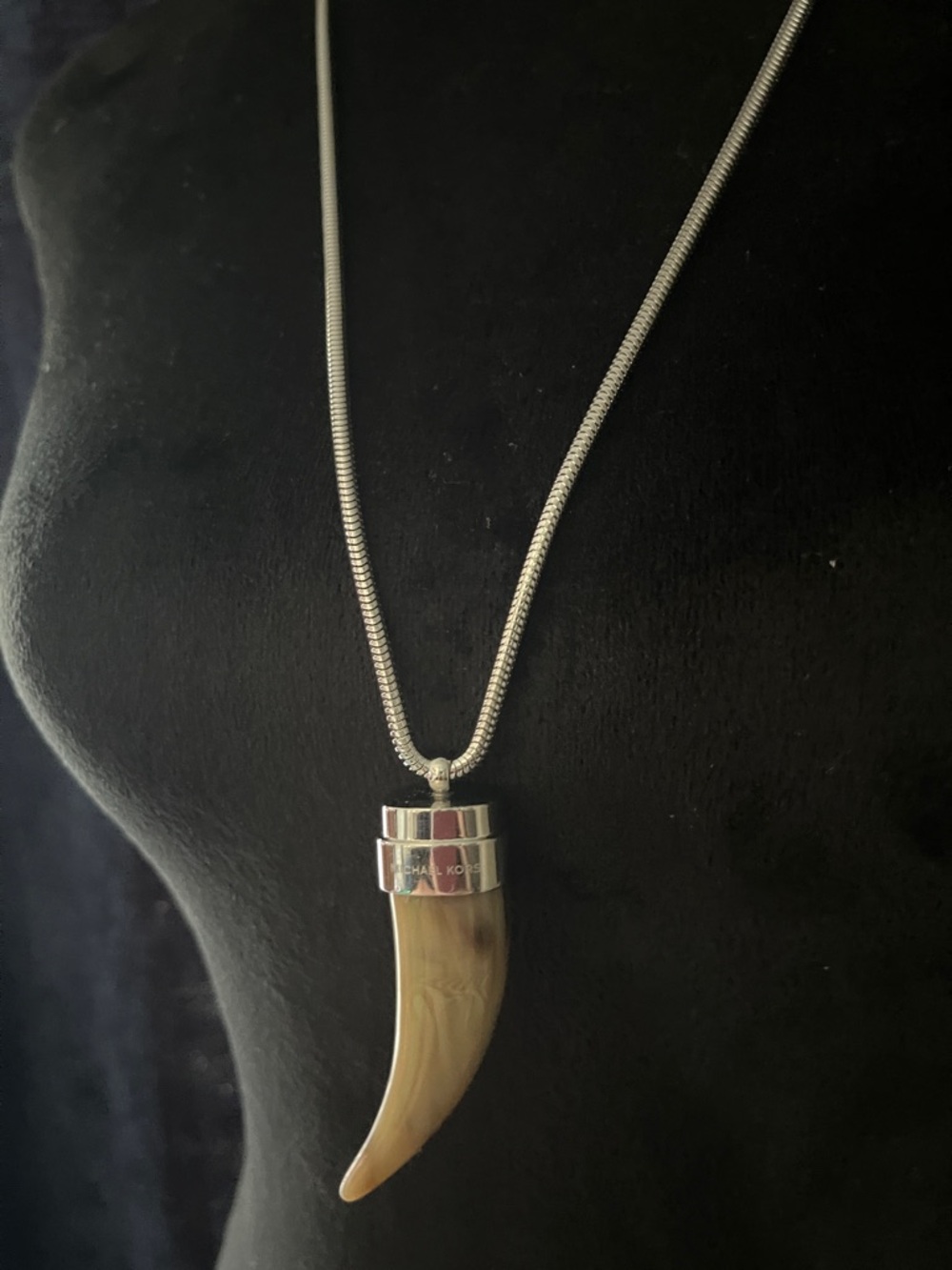 Michael Kors Silver-Tone Chain Necklace with Beige Horn Pendant - Picture 2 of 5